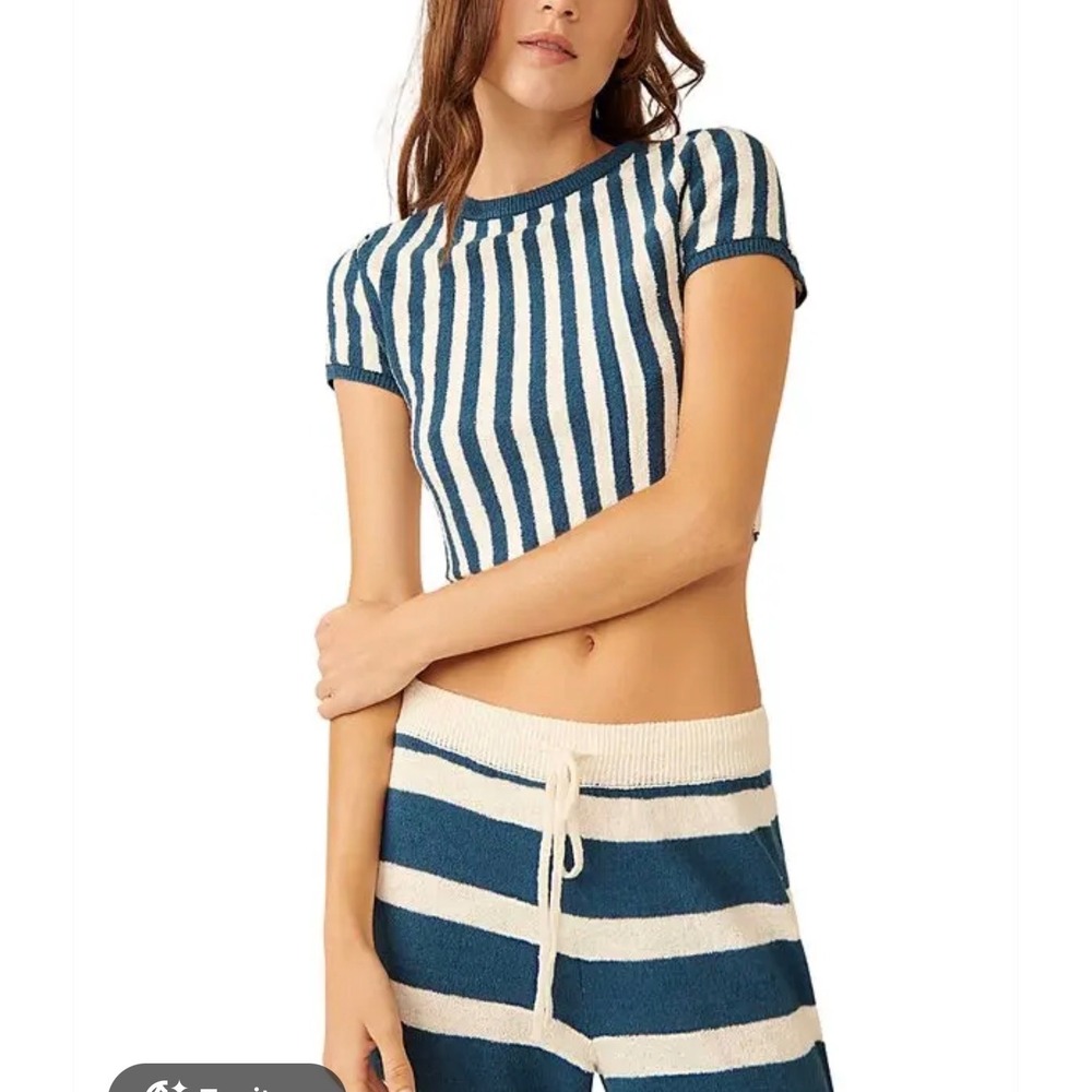 Free People FP Beach Striped Knit Crop Top Large Blue White Short Sleeve Sweater